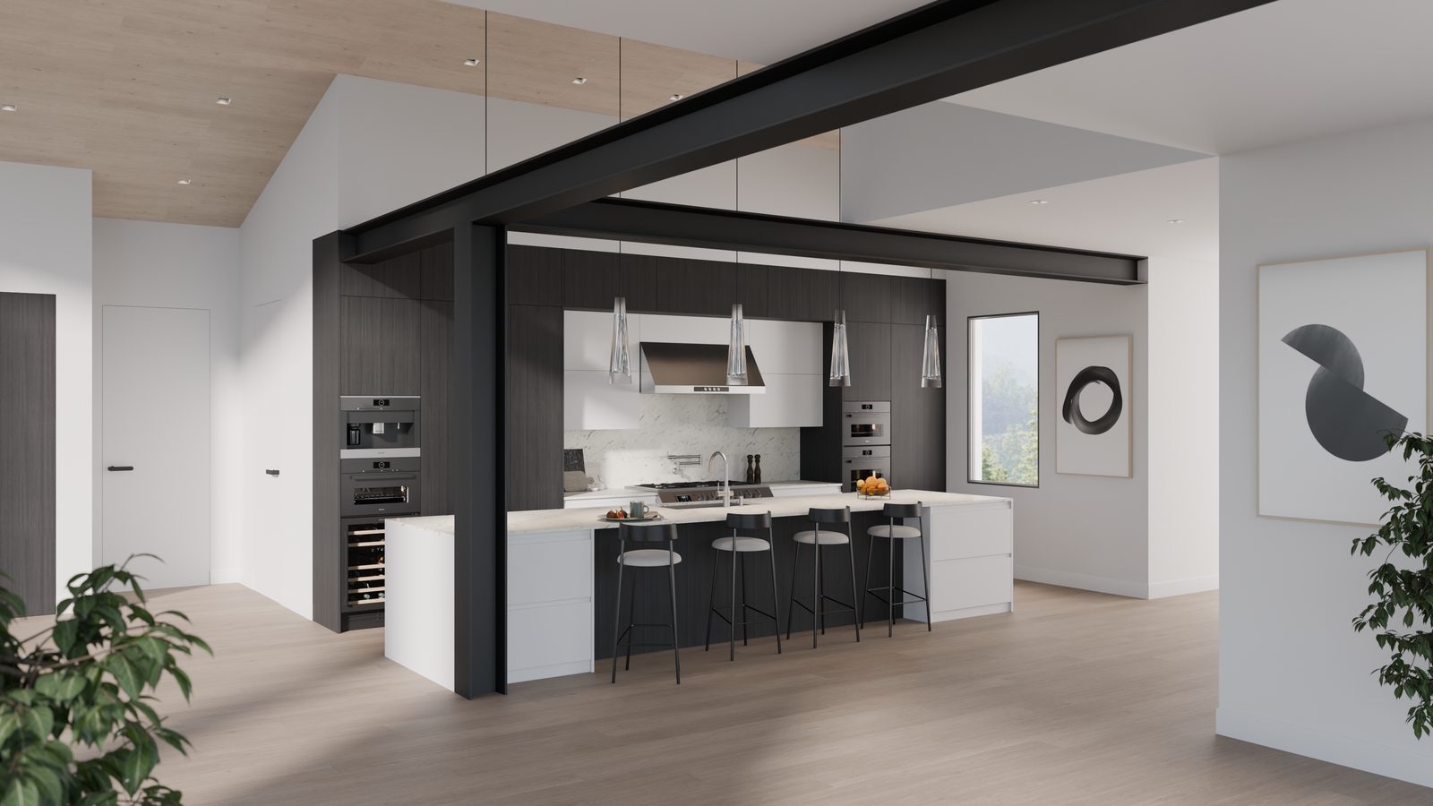 Modern kitchen render with waterfall island