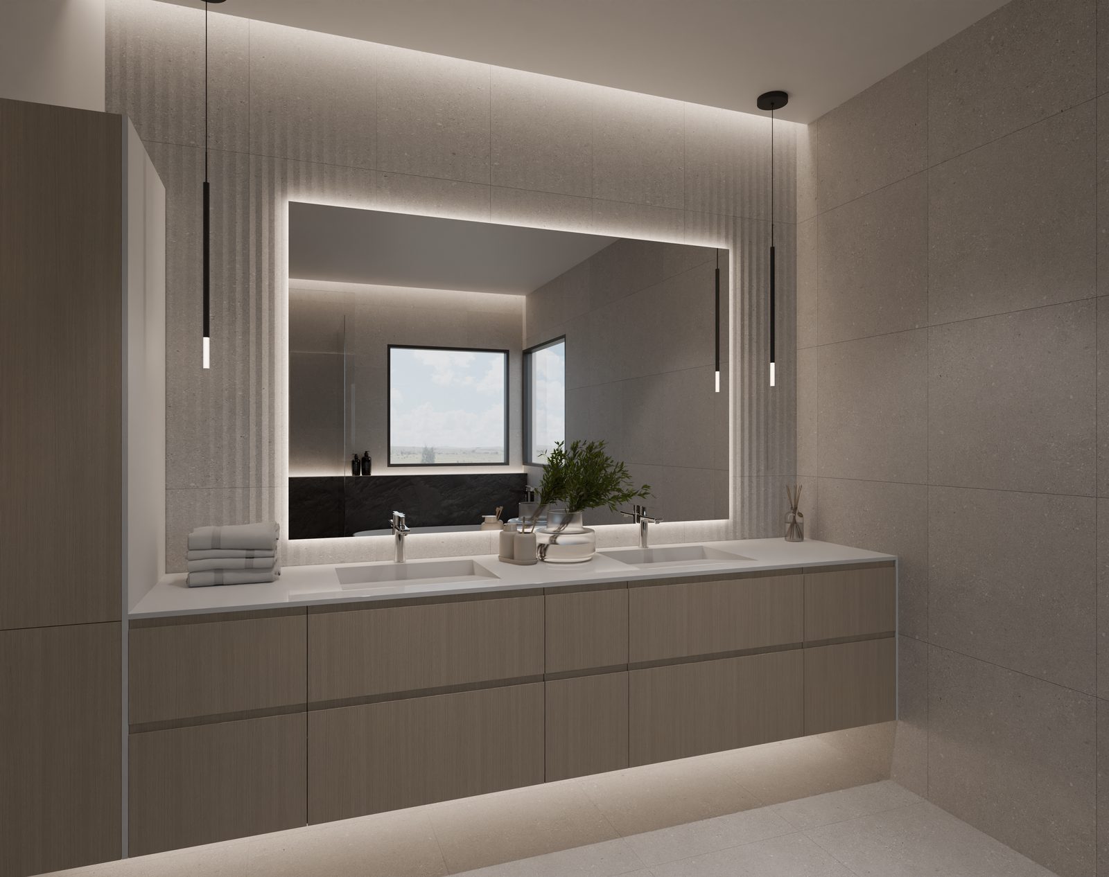 Primary bathroom render with floating vanity